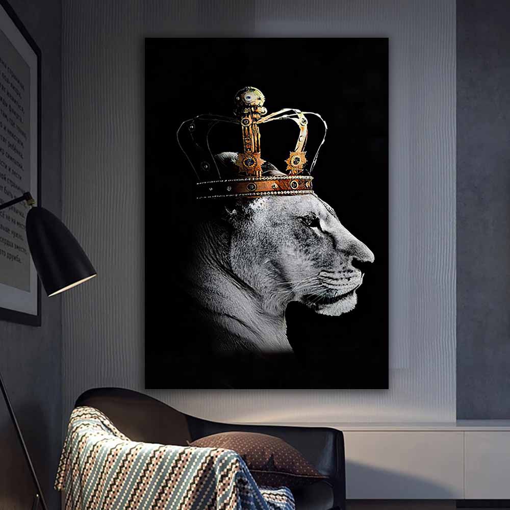 Black and White Lion King and Queen Animal Fabric Printing wall art, Nordic Decor Mural Pictures for Room S04E21