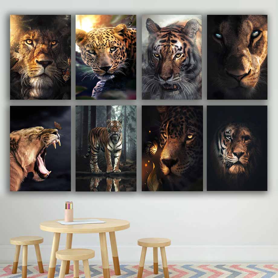 Whimsical Nordic Wildlife, Adorable Lion, Tiger, and Leopard Poster for Playful Home Decor in Bedrooms, Corridors, and Living Spaces S04E10