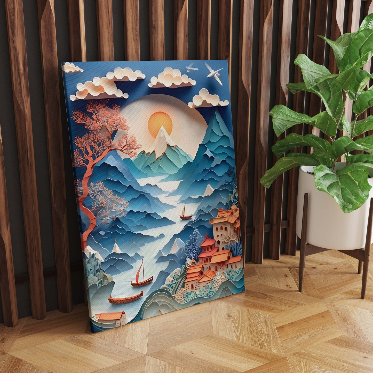 Silent Serenity: Moonlit Mountain and Boat Paper Cut Art - S05E86