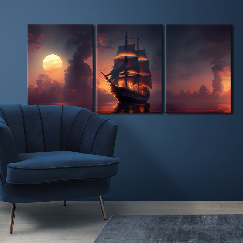 Sailing into Sunset's Embrace: A Wall Art Capturing a Majestic Ship Navigating the Sea in the Warm Glow of Dusk - Embark on a Voyage of Golden Tranquility - S05E79