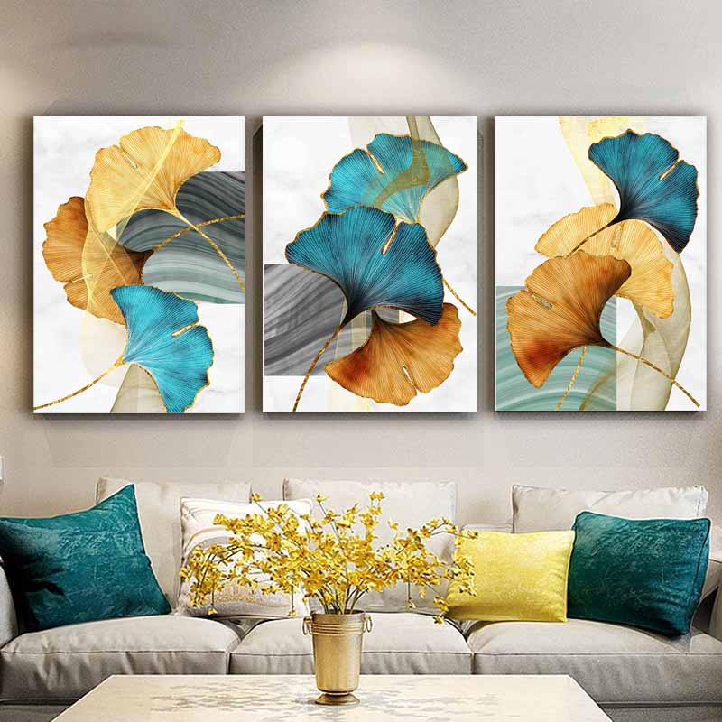 Blue Green Yellow Gold Leaf Plant Flower Canvas Wall Art Abstract Painting Wall Art Print" - Modern Pictures Living Room Decor S04E02
