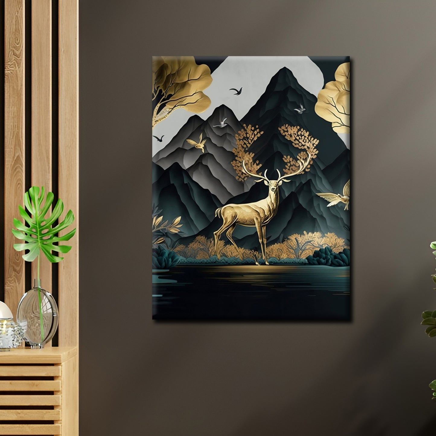 Golden Tranquility: Majestic Deer, Gilded Trees, and Mountain Majesty - S05E87