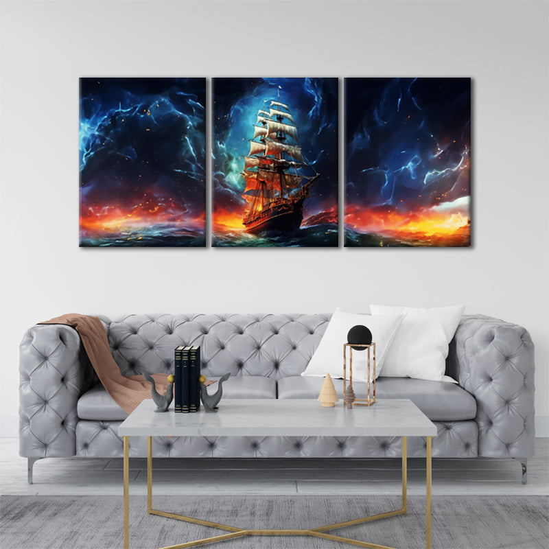 Journey to Resilience: A Wall Art Depicting an AI Sailing Ship Sailing Away from the Flames - Embrace Hope Amidst Adversity - S05E80