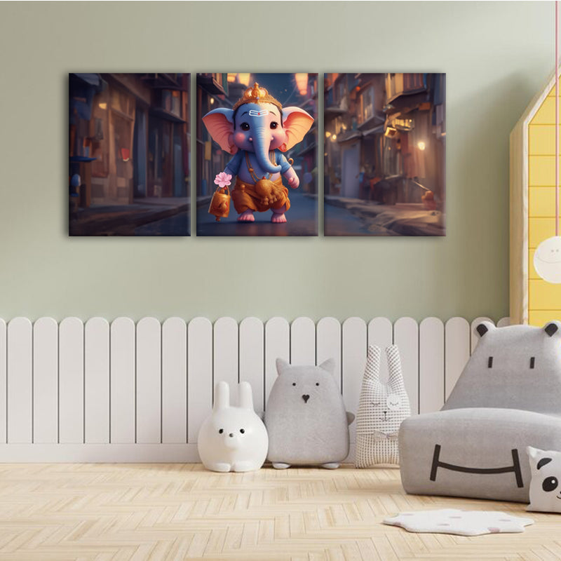 Celestial Stroll: A Wall Art Capturing Cute Ganesh Walking on the Road - Embrace the Playful Spirit of the Divine - S05E58