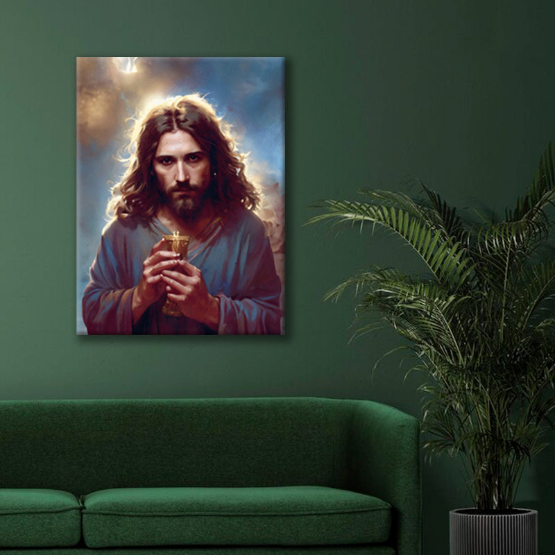 Sacred Libation: AI-Created Wall Art of Jesus Holding a Chalice - Symbol of Spiritual Nourishment and Redemption - S05E46