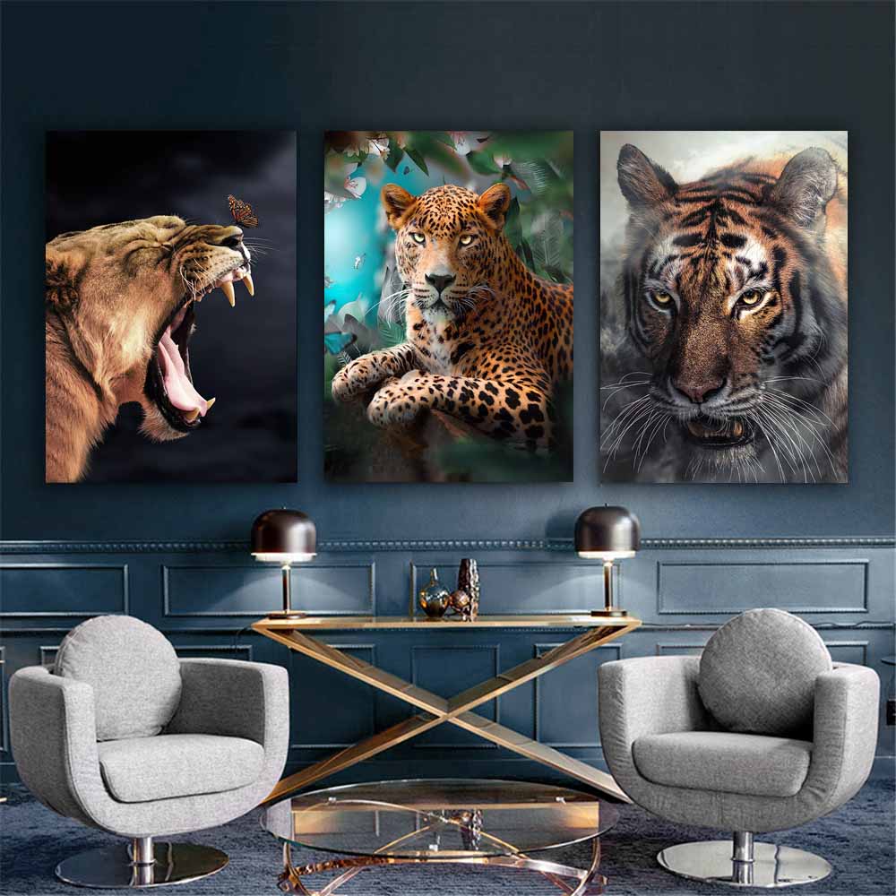 Whimsical Nordic Wildlife, Adorable Lion, Tiger, and Leopard Poster for Playful Home Decor in Bedrooms, Corridors, and Living Spaces S04E10