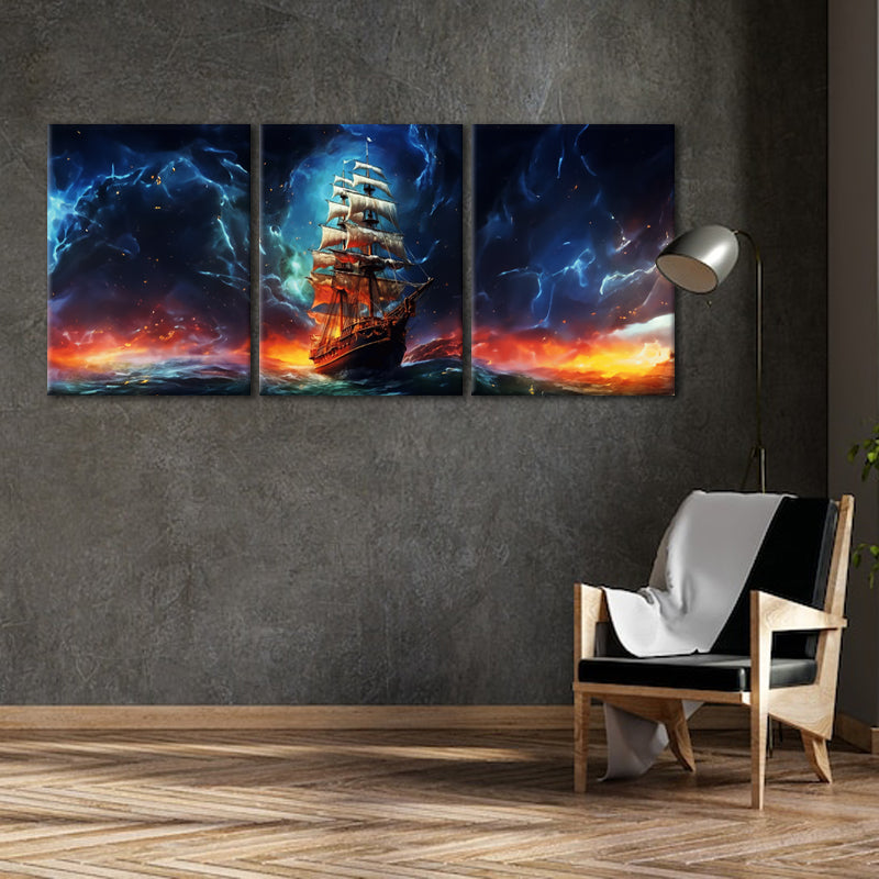 Journey to Resilience: A Wall Art Depicting an AI Sailing Ship Sailing Away from the Flames - Embrace Hope Amidst Adversity - S05E80