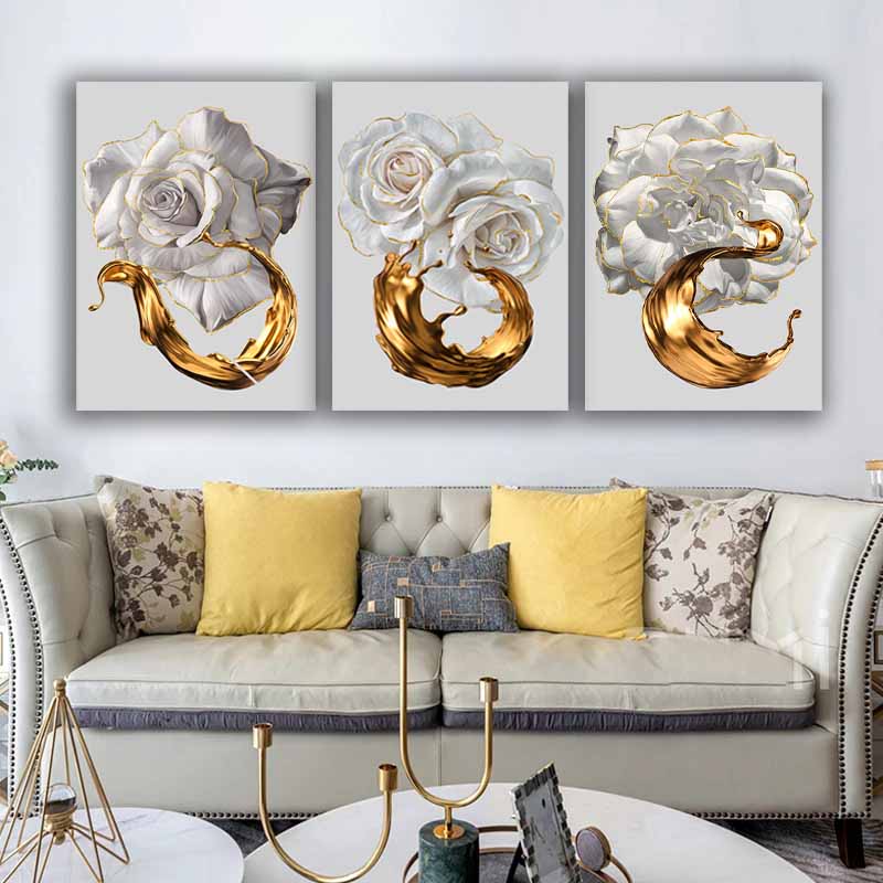 White Rose Flower Golden Ink Splash Abstract Wall Art, Modern Living Room Decoration S04E27