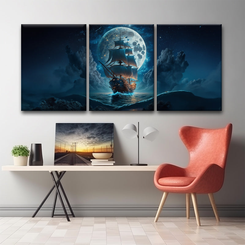 Lunar Voyage: A Wall Art Capturing a Sailing Ship Gliding Beneath the Moon's Illuminating Gaze - Sail into the Mystical Night - S05E76