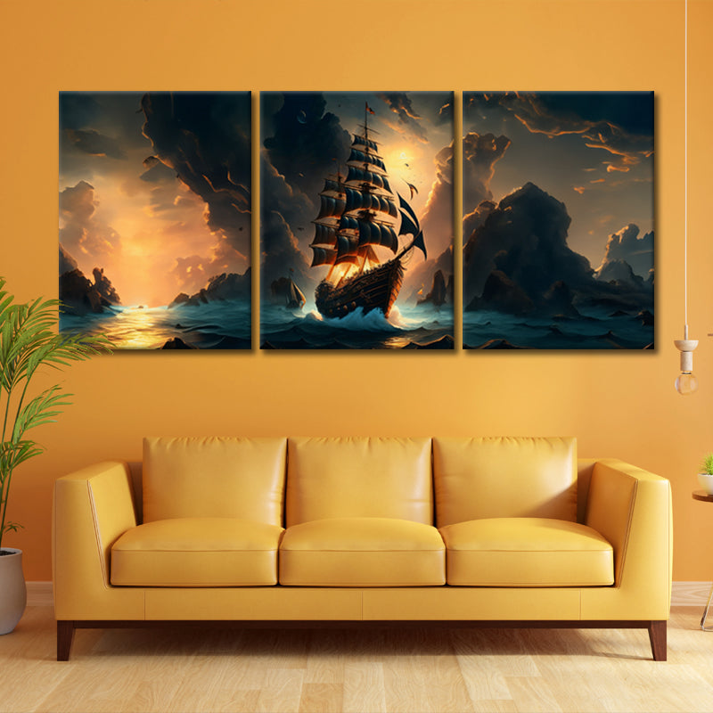Sun-Kissed Odyssey: A Wall Art Capturing a Sailing Ship Amidst Sea Waves and the Gentle Glow of Dawn - Embark on a Radiant Nautical Journey - S05E77