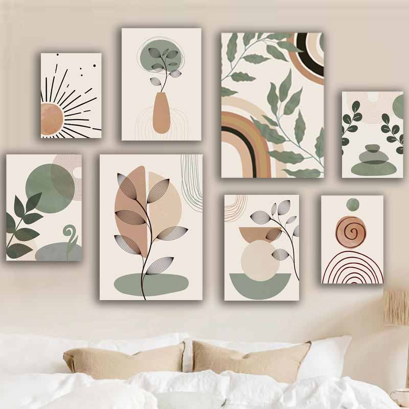 Boho Wall Art, Abstract Geometry Line fabric Printing, Leaves, Sun, Rainbow - Nordic Inspired Enhance Your Living Room Deco S04E22