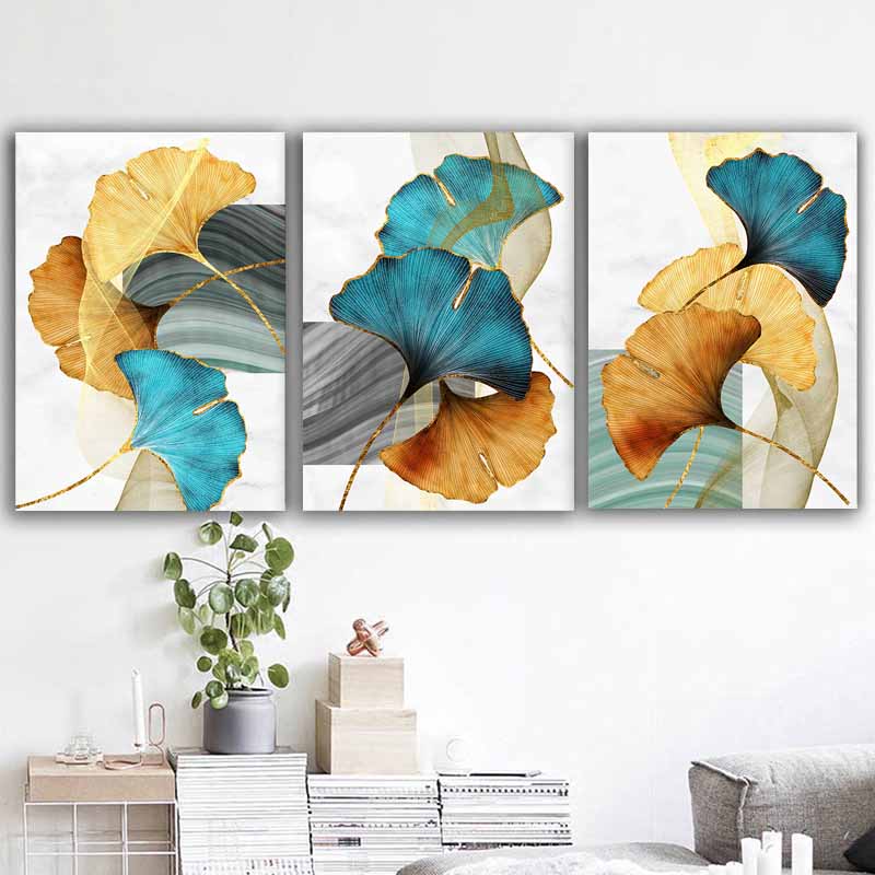 Blue Green Yellow Gold Leaf Plant Flower Canvas Wall Art Abstract Painting Wall Art Print" - Modern Pictures Living Room Decor S04E02