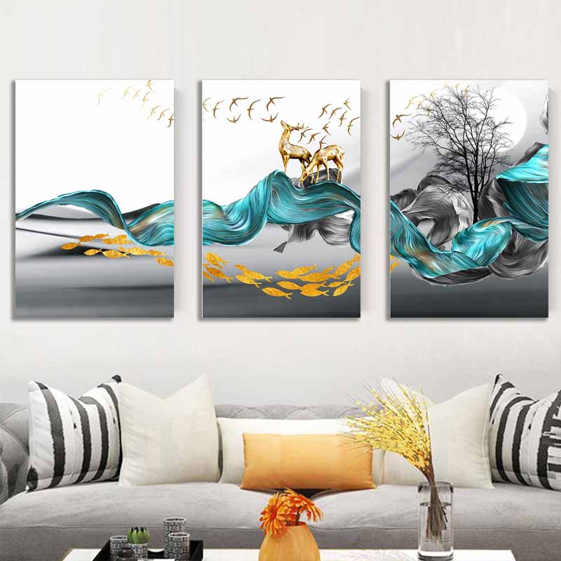 Golden Majesty: Nordic Abstract Golden Deer Painting Canvas Wall Art" - Gold Blue Wall Art Pictures For Living Room Modern Home Decoration S04E03