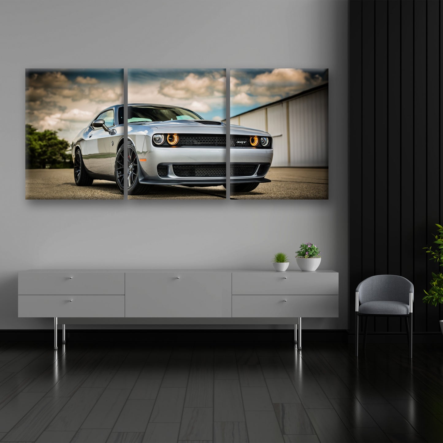 Silver Streaks: The Bold Presence of a Mustang Muscle Car, Gracefully Parked by an Industrial Warehouse, Where Metallic Brilliance Meets Urban Grit and Style - S05E96