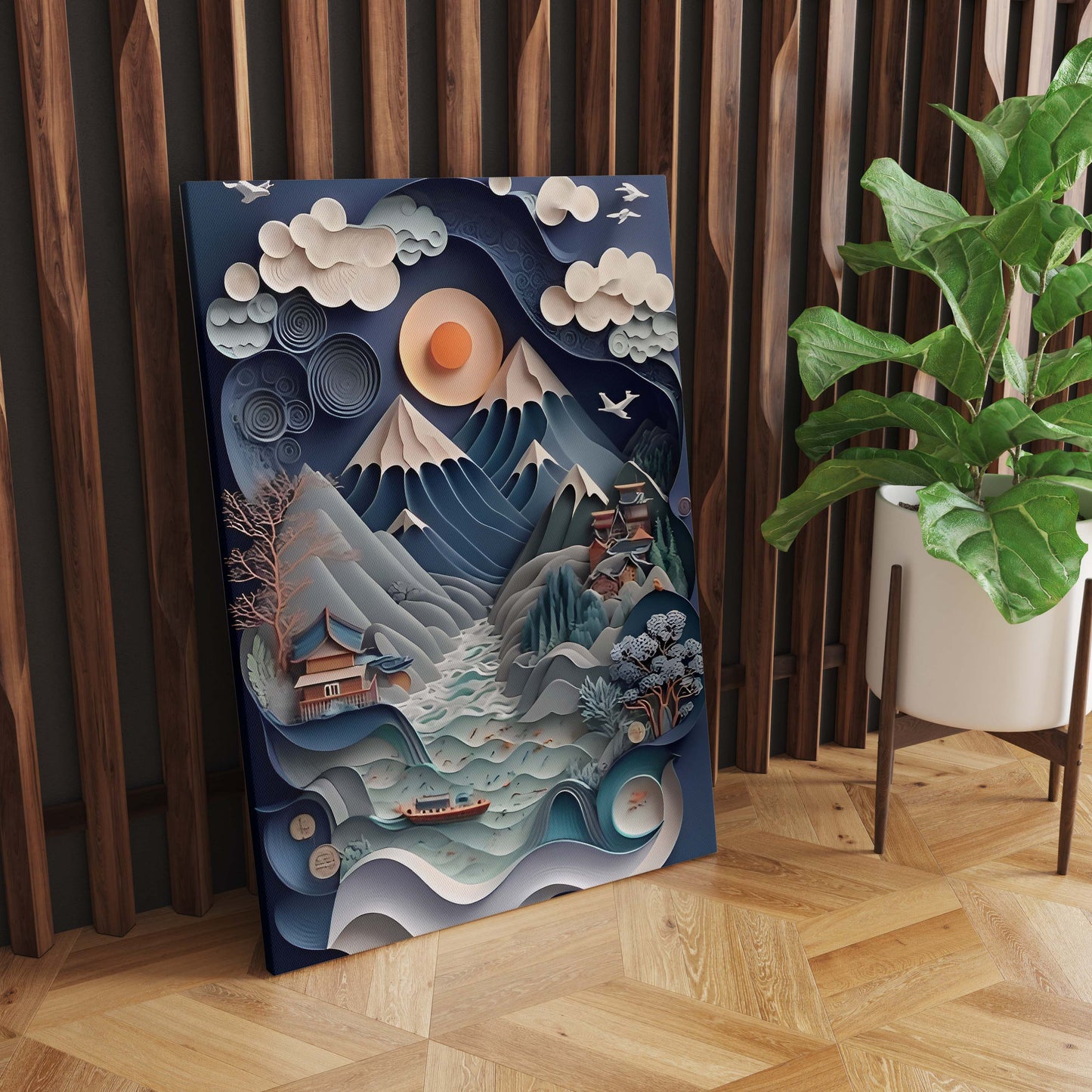 Silent Serenity: Moonlit Mountain and Boat Paper Cut Art - S05E86