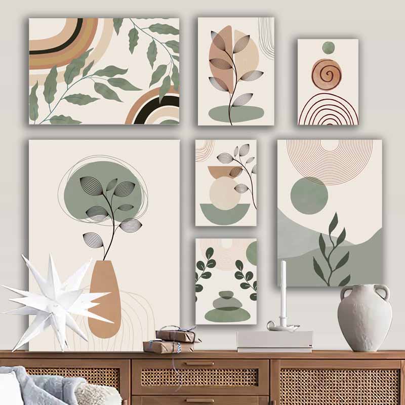 Boho Wall Art, Abstract Geometry Line fabric Printing, Leaves, Sun, Rainbow - Nordic Inspired Enhance Your Living Room Deco S04E22