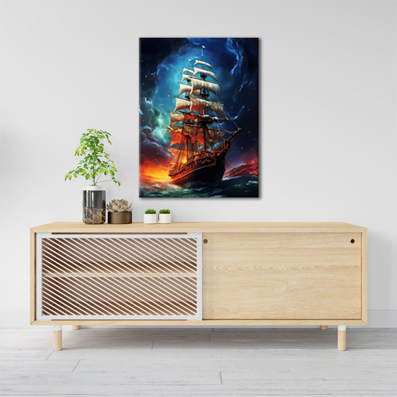 Journey to Resilience: A Wall Art Depicting an AI Sailing Ship Sailing Away from the Flames - Embrace Hope Amidst Adversity - S05E80