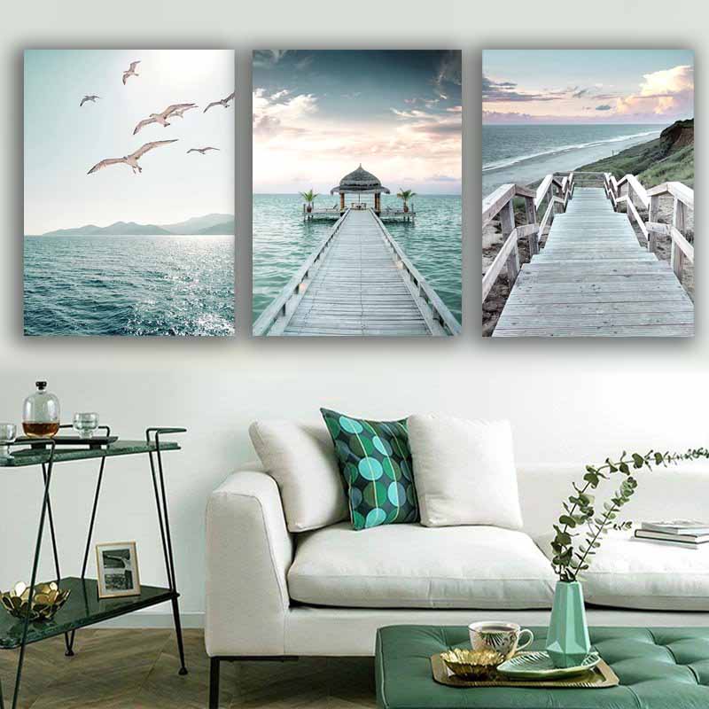 Vibrant Summer Beach Sea Ocean Wall Art, Bridge, Leaves, Turtle, Seagull - Nordic Home Decoration S04E23