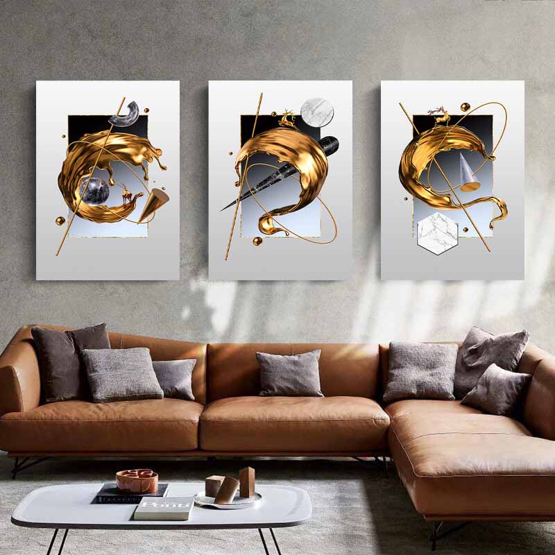 White Rose Flower Golden Ink Splash Abstract Wall Art, Modern Living Room Decoration S04E27