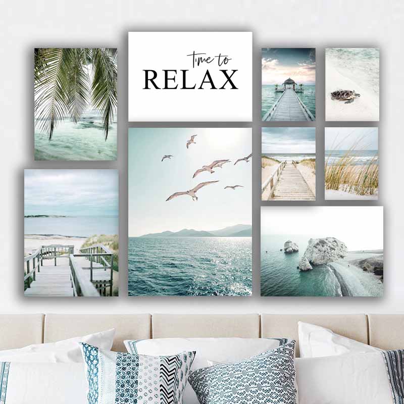 Vibrant Summer Beach Sea Ocean Wall Art, Bridge, Leaves, Turtle, Seagull - Nordic Home Decoration S04E23