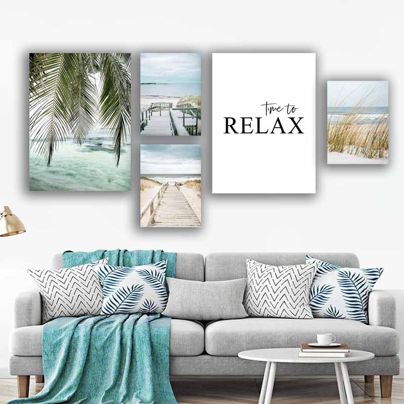 Vibrant Summer Beach Sea Ocean Wall Art, Bridge, Leaves, Turtle, Seagull - Nordic Home Decoration S04E23