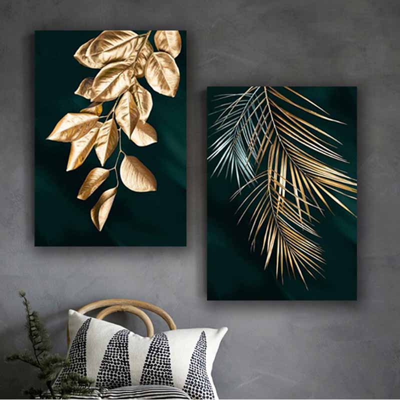 Golden Leaf and Tree Branches Wall Art, Nature-Inspired, Elegant Home Decor for Tranquil Ambiance S04E04