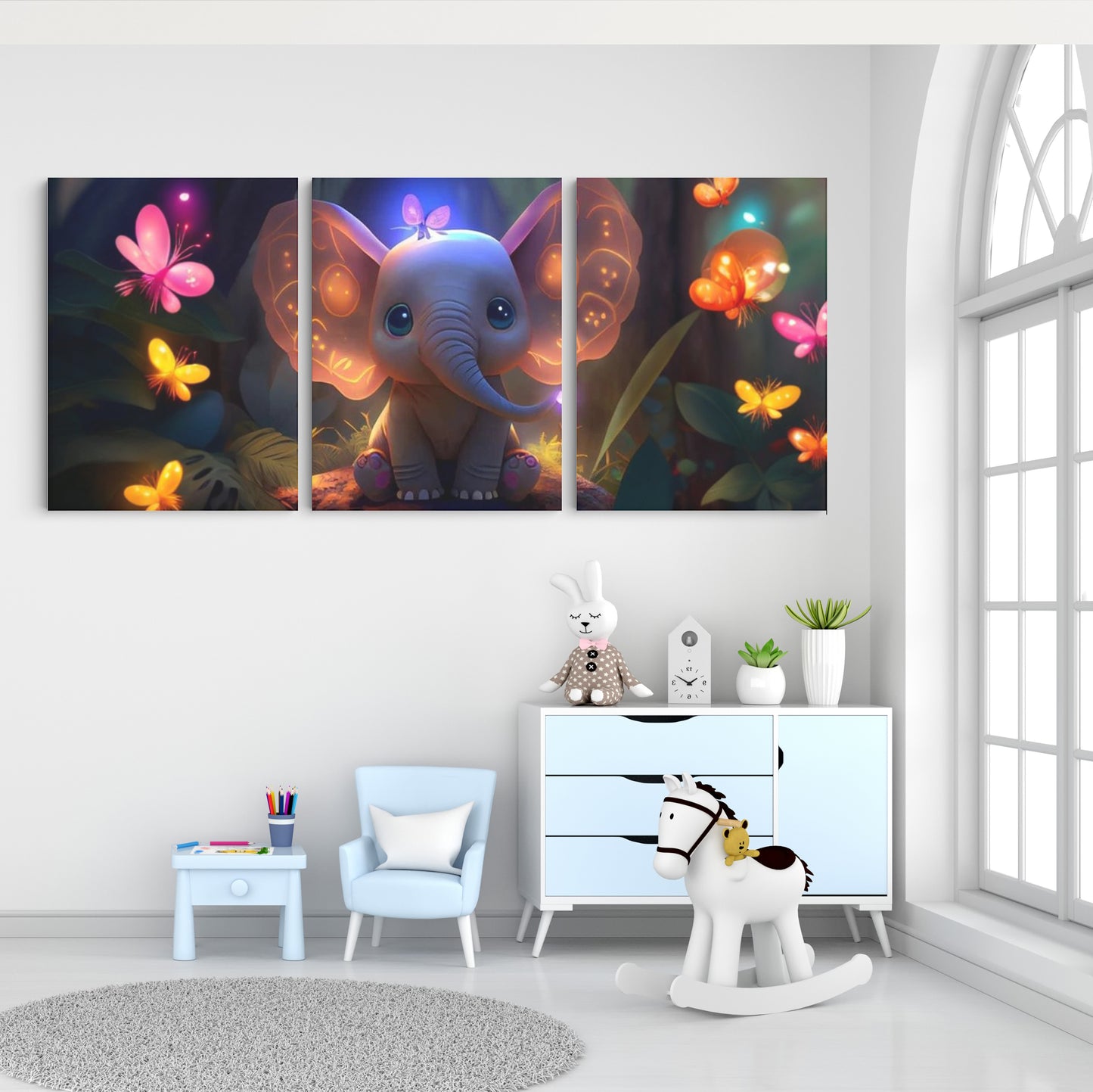 Luminous Harmony: A Wall Art Featuring an AI Elephant Amidst Glowing Butterflies - Celebrate the Fusion of Artificial Intelligence and Natural Splendor - S05E65