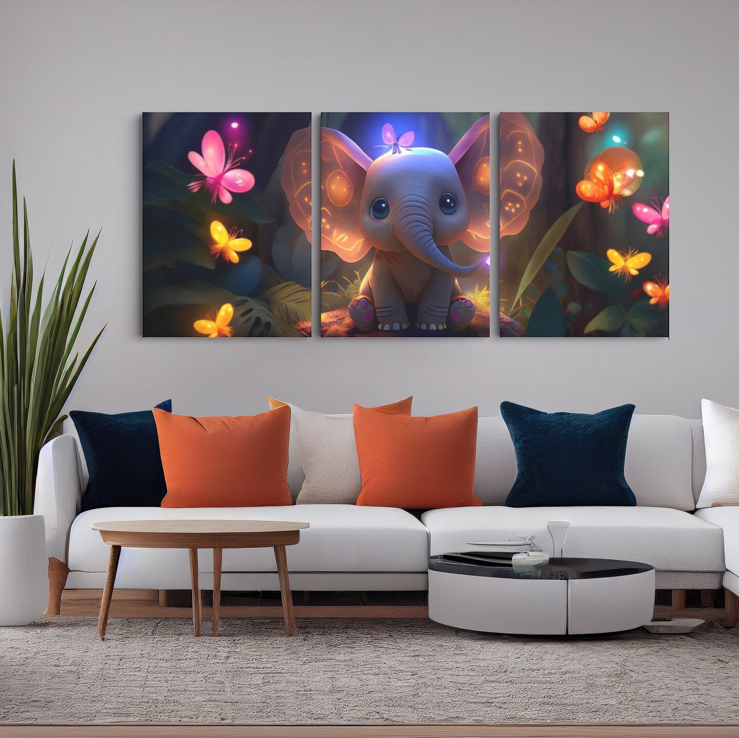 Luminous Harmony: A Wall Art Featuring an AI Elephant Amidst Glowing Butterflies - Celebrate the Fusion of Artificial Intelligence and Natural Splendor - S05E65