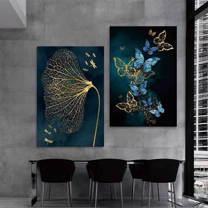 Beautiful Butterflies Art Wall Decor - Set of 3 Tiles with Gold, Blue, Black and White Print on Fabric Wrapped Around Wooden Frame - Perfect for Home or Office Decoration S04E29