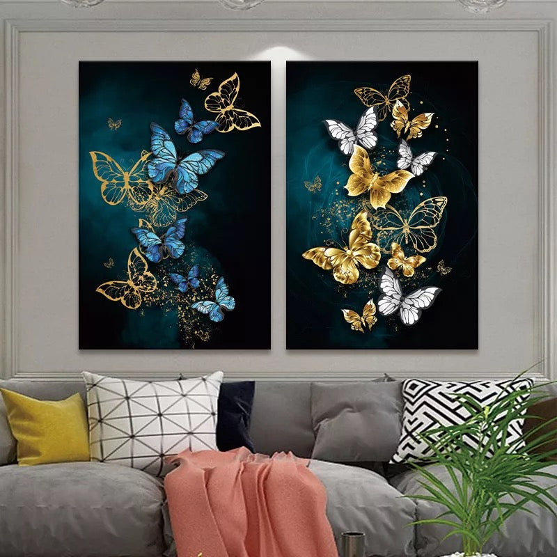 Beautiful Butterflies Art Wall Decor - Set of 3 Tiles with Gold, Blue, Black and White Print on Fabric Wrapped Around Wooden Frame - Perfect for Home or Office Decoration S04E29