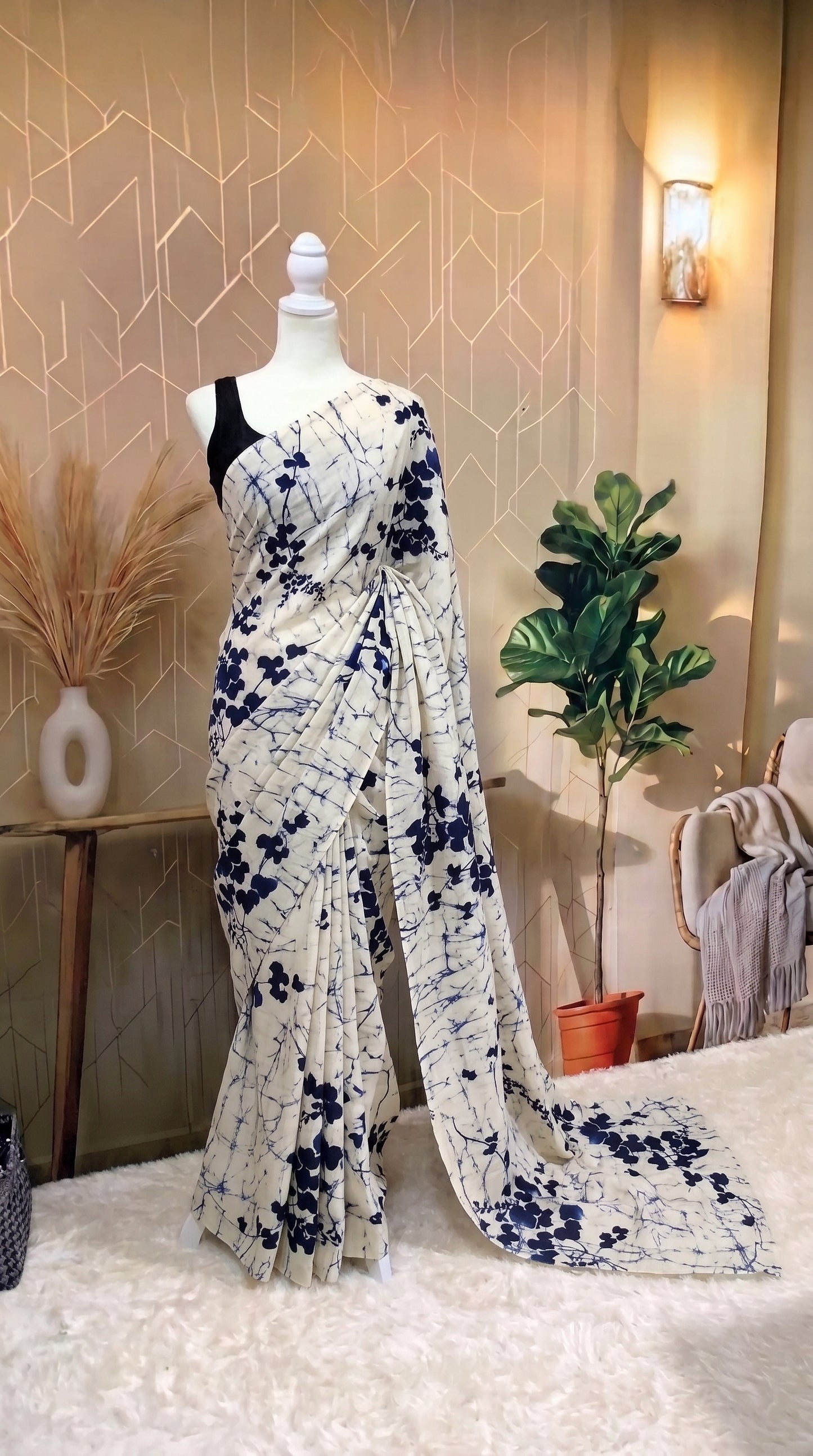 Pear worked saree - blue flower
