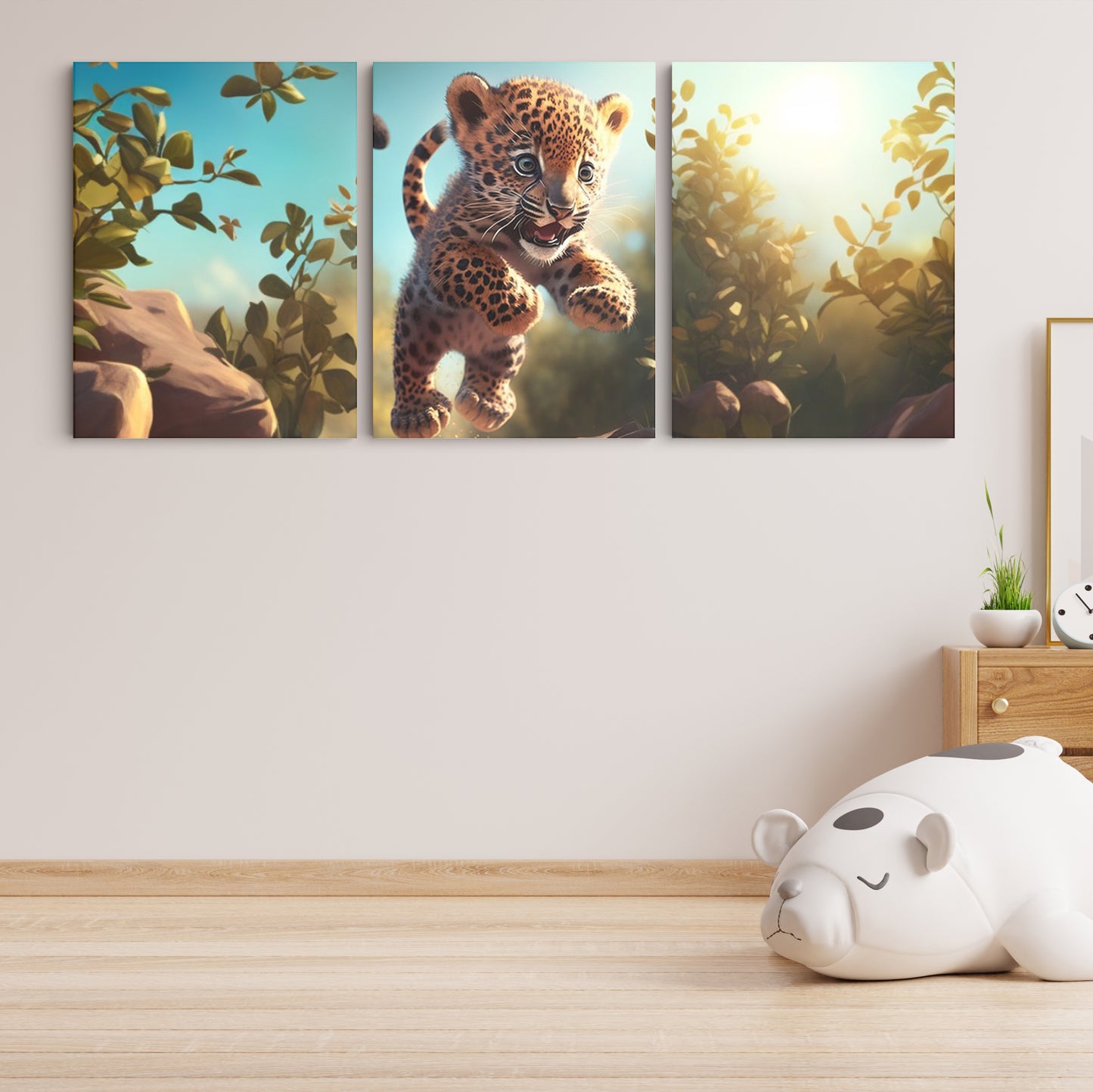 Whimsical Leap: A Wall Art Capturing the Playful Spirit of a Baby Leopard Jumping Over Stones in a Forest - Embrace the Joy of Nature's Marvels - S05E68