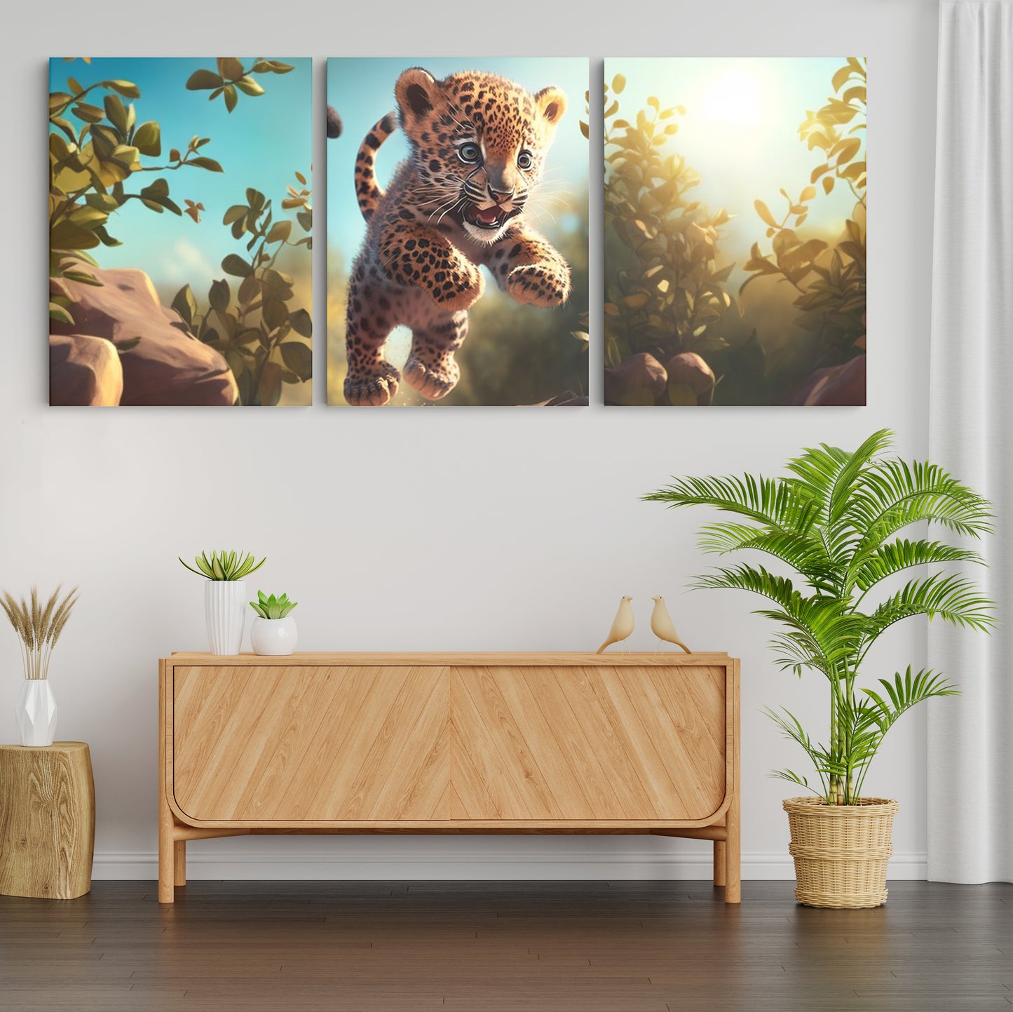Whimsical Leap: A Wall Art Capturing the Playful Spirit of a Baby Leopard Jumping Over Stones in a Forest - Embrace the Joy of Nature's Marvels - S05E68
