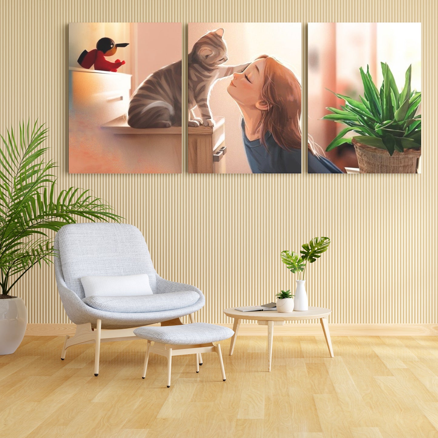 Guardian Whispers: A Wall Art Depicting a Cat's Gentle Touch on a Girl's Forehead - Embrace the Bond Between Feline Companions and Human Hearts - S05E74