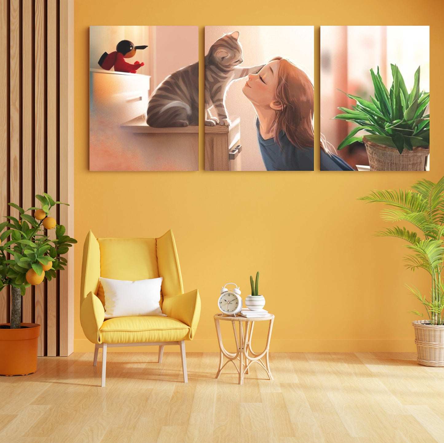 Guardian Whispers: A Wall Art Depicting a Cat's Gentle Touch on a Girl's Forehead - Embrace the Bond Between Feline Companions and Human Hearts - S05E74
