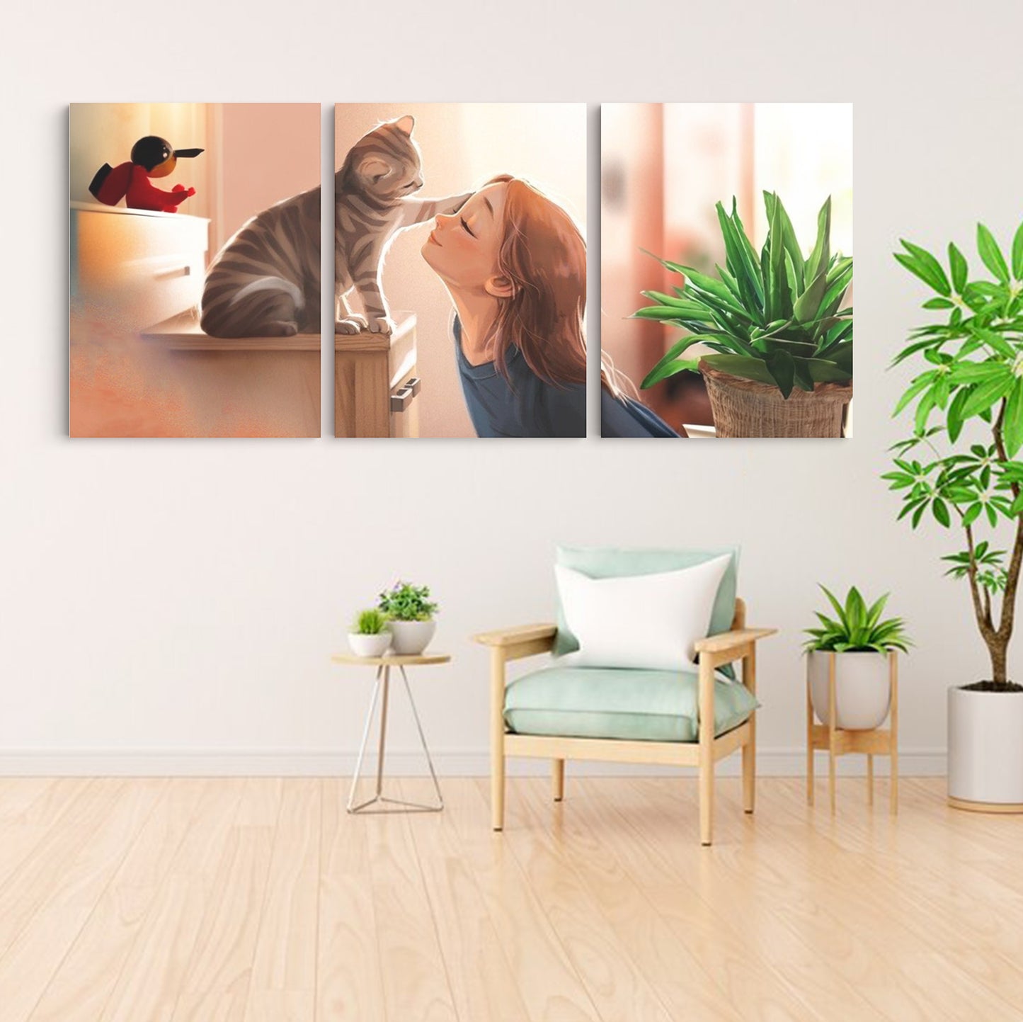 Guardian Whispers: A Wall Art Depicting a Cat's Gentle Touch on a Girl's Forehead - Embrace the Bond Between Feline Companions and Human Hearts - S05E74