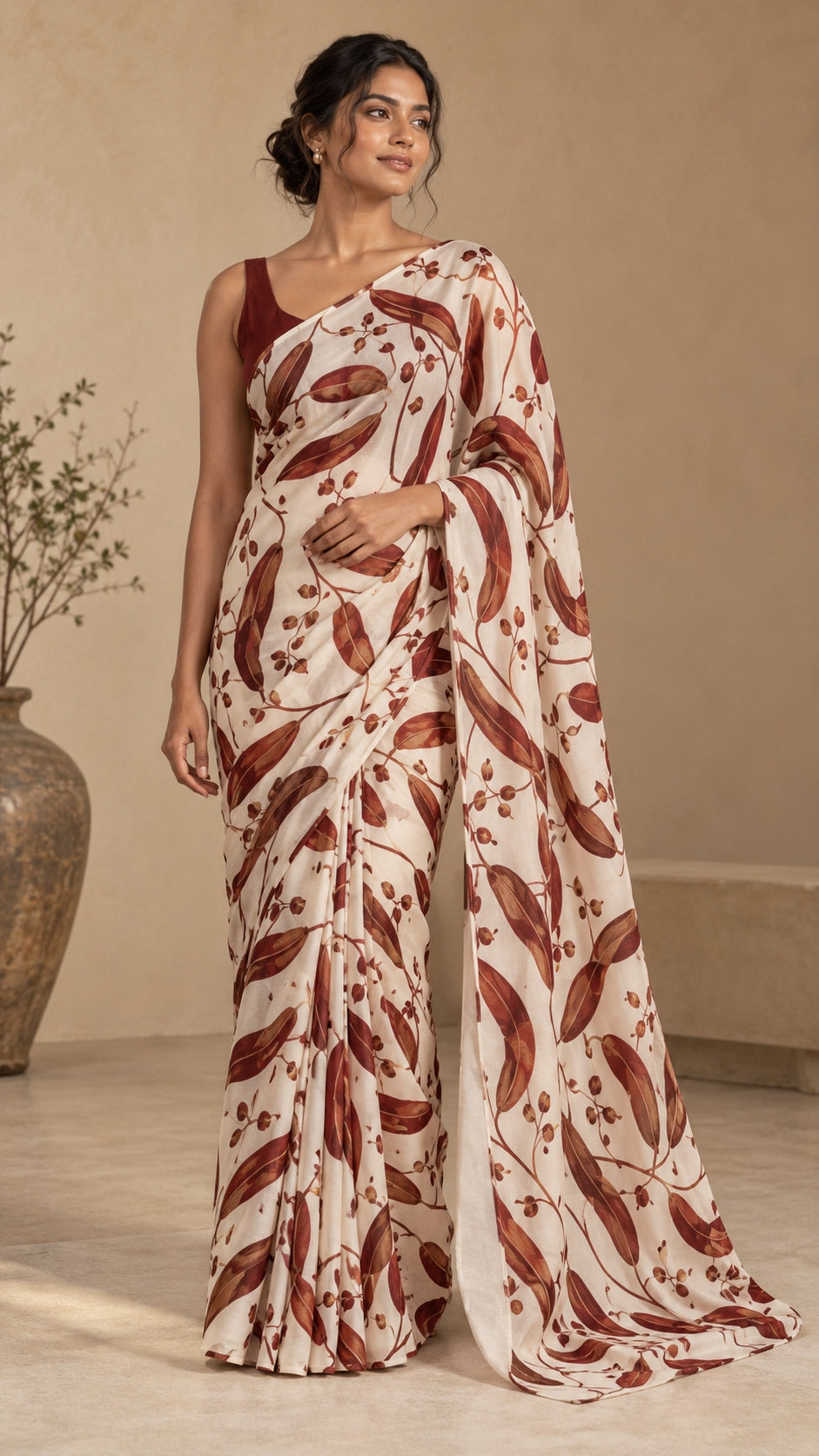 Ivory Terracotta Leaves Saree — DD-SAR-2610-002