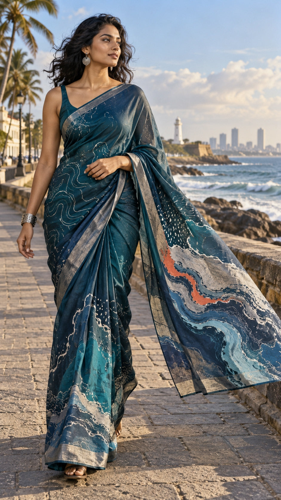 Teal Coastal Waves Saree — DD-SAR-2610-005