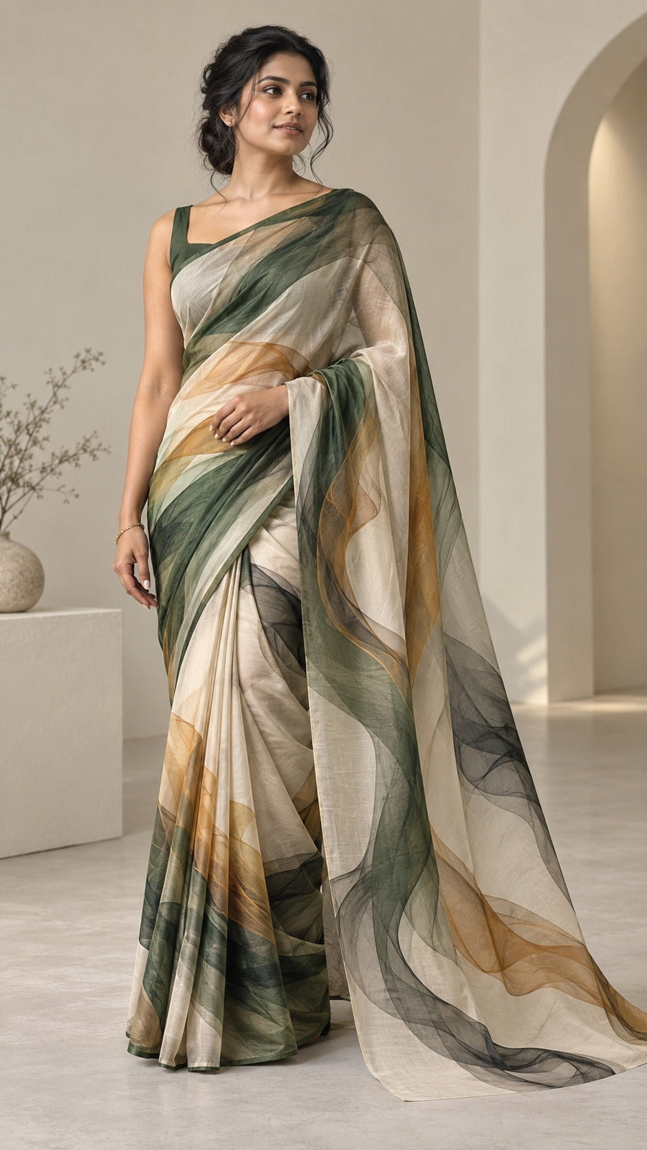 Sage Sand Brushstrokes Saree — DD-SAR-2610-013