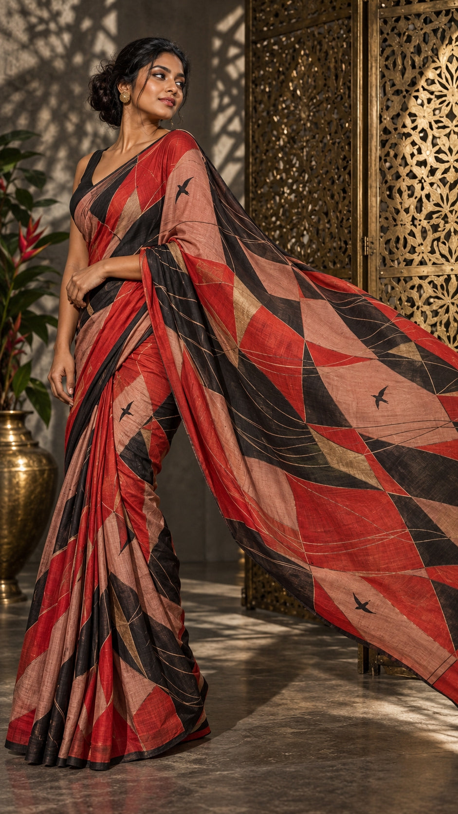 Crimson Geometric Birds Saree — DD-SAR-2610-016