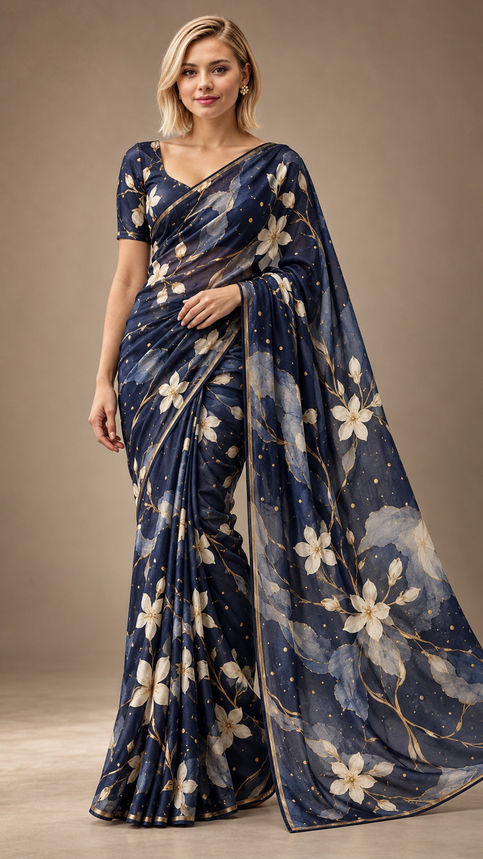 Midnight White Blossoms Saree — DD-SAR-2610-025