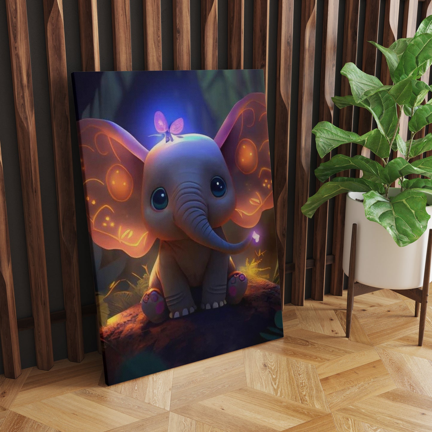 Luminous Harmony: A Wall Art Featuring an AI Elephant Amidst Glowing Butterflies - Celebrate the Fusion of Artificial Intelligence and Natural Splendor - S05E65