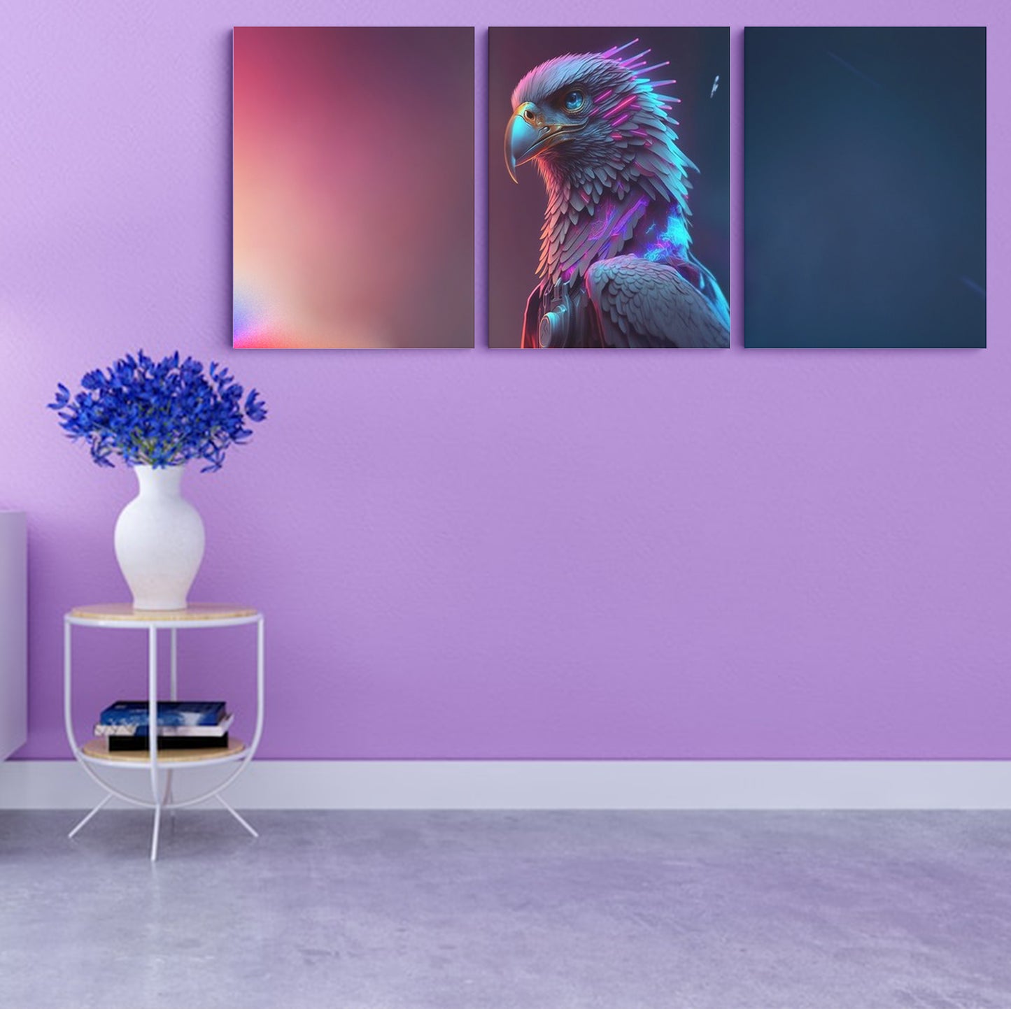 Ethereal Soar: A Wall Art Showcasing an AI Eagle Against a Bluish Purple Backdrop - Celebrate the Fusion of Technological Flight and Artistic Splendor - S05E69