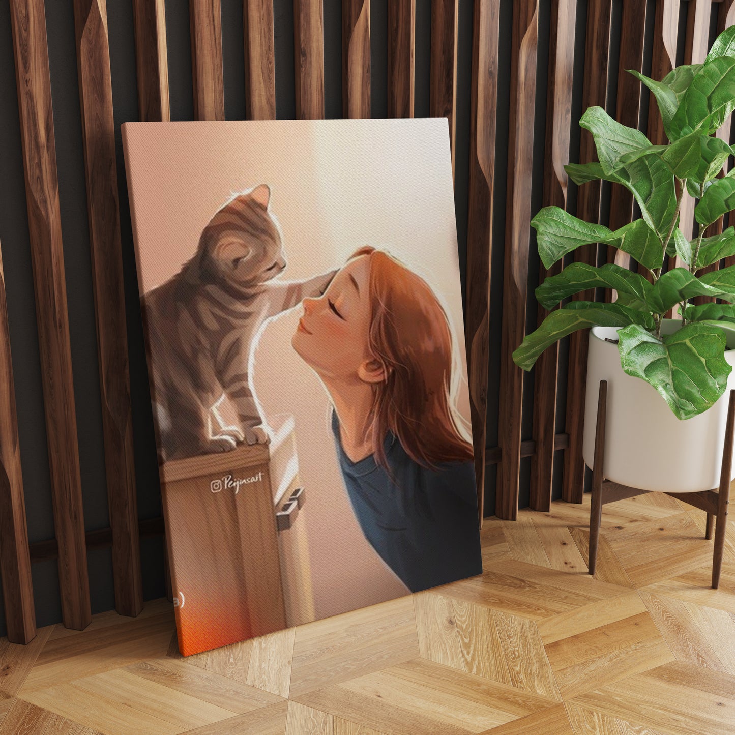 Guardian Whispers: A Wall Art Depicting a Cat's Gentle Touch on a Girl's Forehead - Embrace the Bond Between Feline Companions and Human Hearts - S05E74