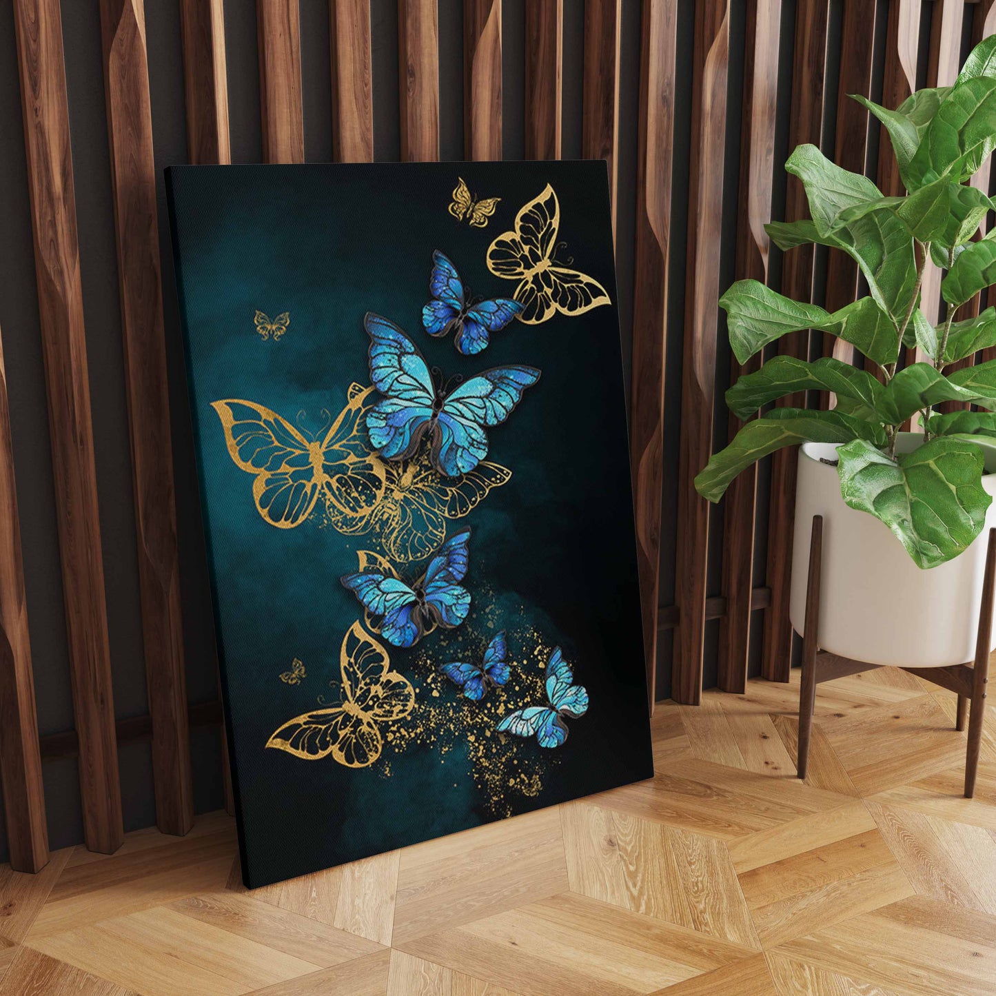 Beautiful Butterflies Art Wall Decor - Set of 3 Tiles with Gold, Blue, Black and White Print on Fabric Wrapped Around Wooden Frame - Perfect for Home or Office Decoration S04E29