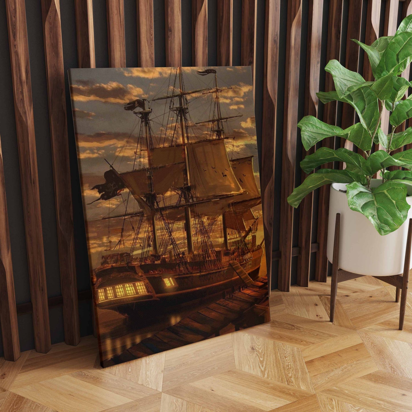 Sailing Tranquility: A Wall Art Immortalizing a Ship at Dock During Sunset - Embrace the Peaceful Horizon of Maritime Evenings - S05E75