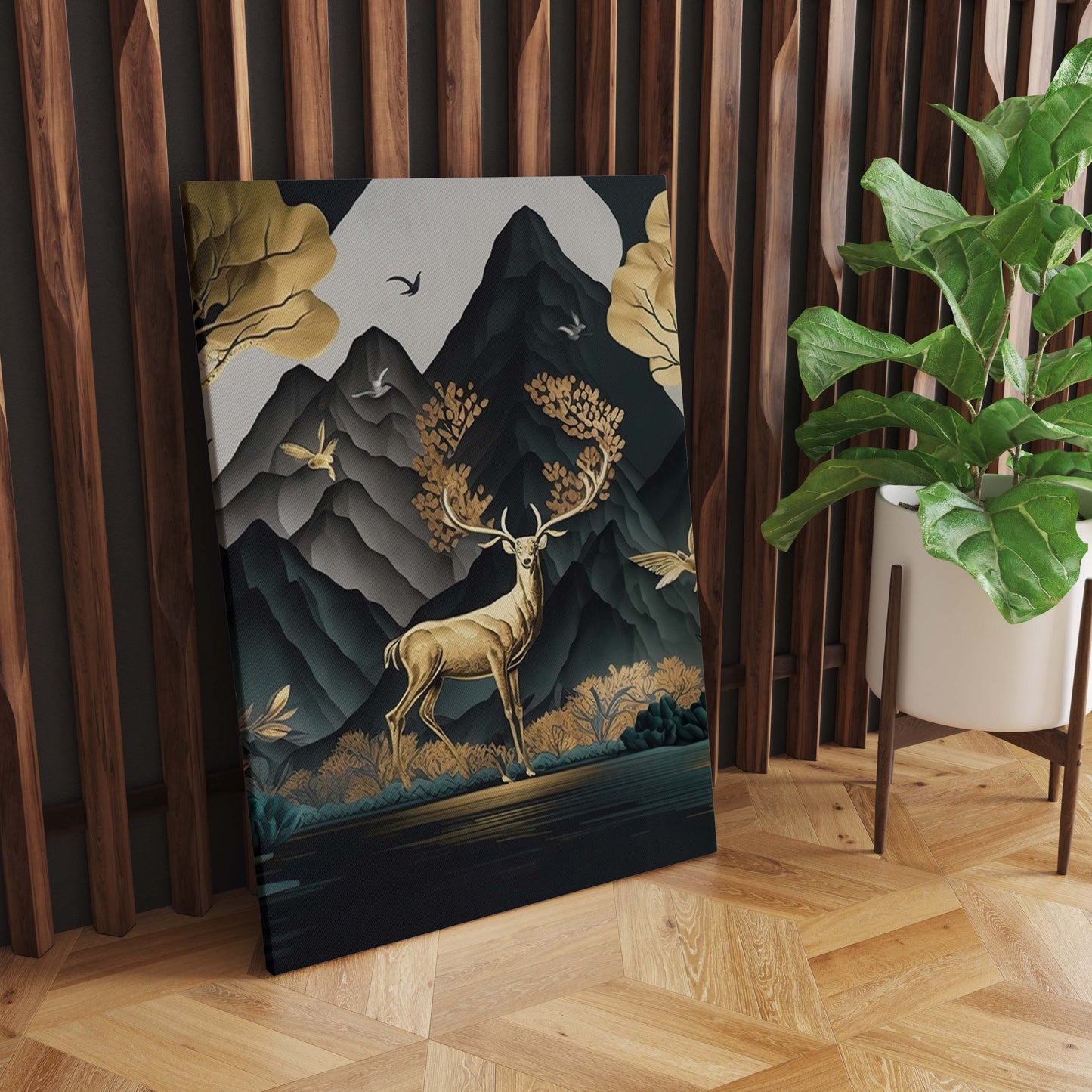 Golden Tranquility: Majestic Deer, Gilded Trees, and Mountain Majesty - S05E87