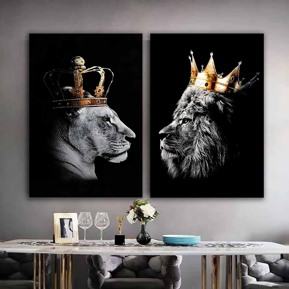 Black and White Lion King and Queen Animal Fabric Printing wall art, Nordic Decor Mural Pictures for Room S04E21