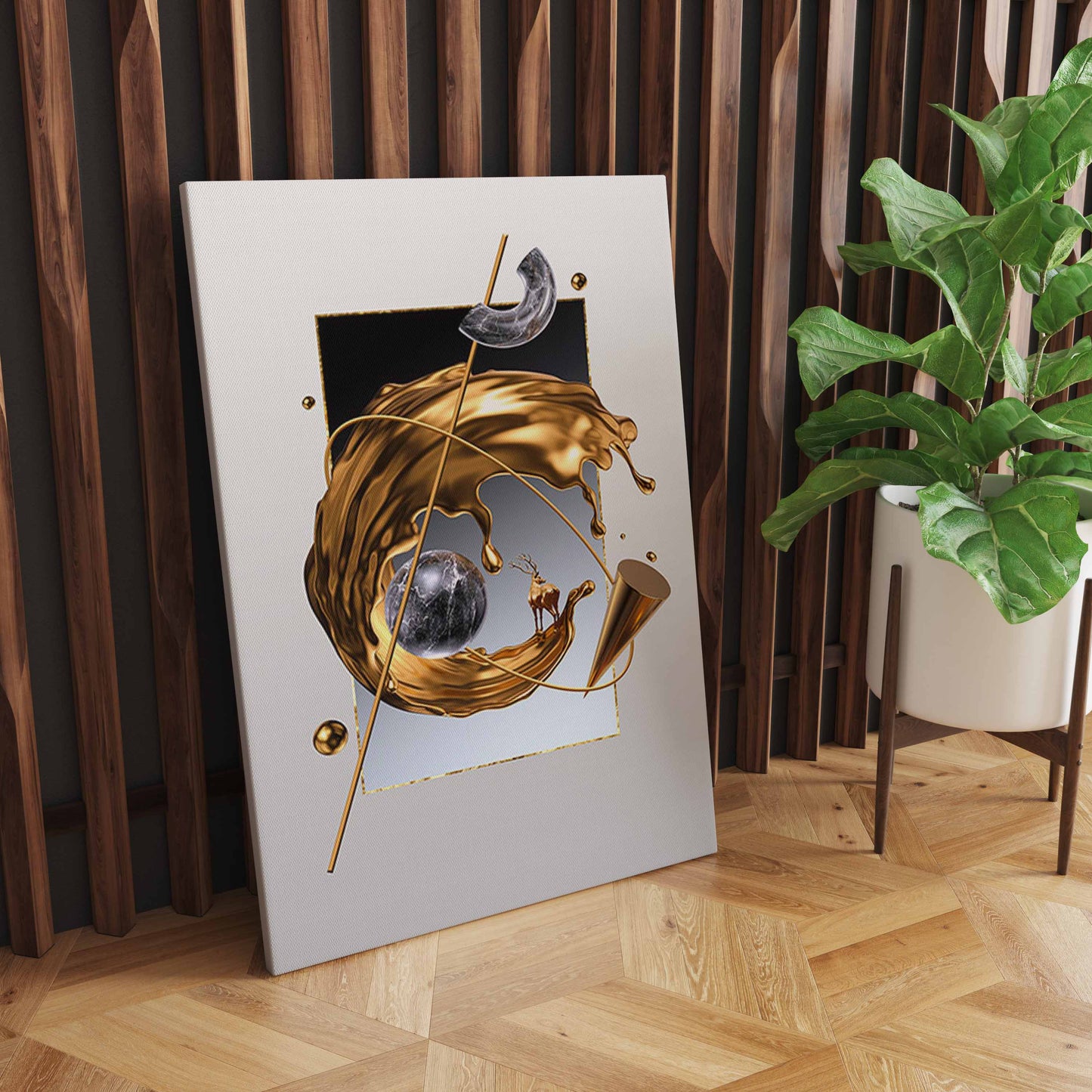 White Rose Flower Golden Ink Splash Abstract Wall Art, Modern Living Room Decoration S04E27