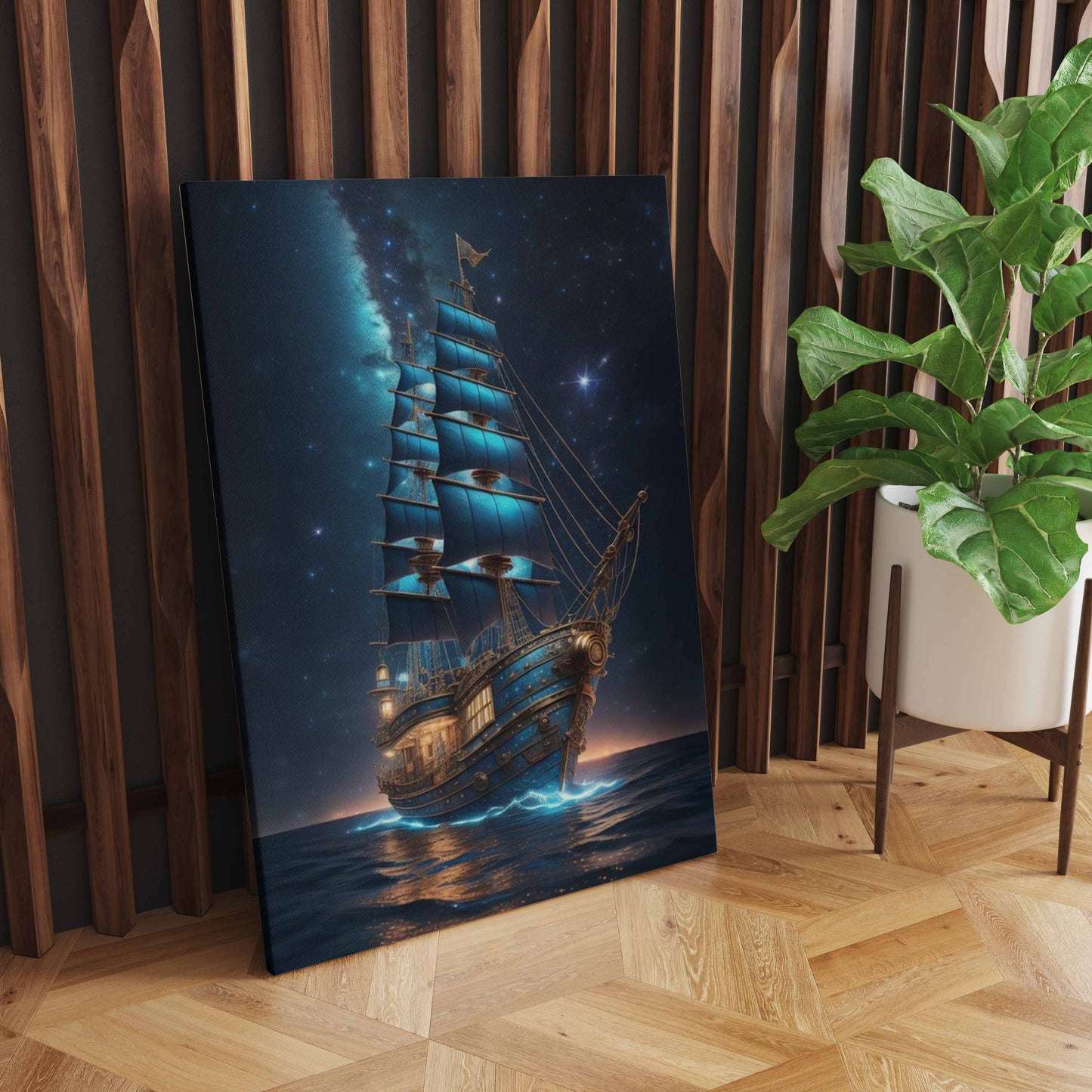 Starry Serenity: A Wall Art Celebrating a Luminous Sailing Ship Sailing Under a Star-Filled Night Sky - Navigate the Celestial Waters of Dreamy Tranquility - S05E78